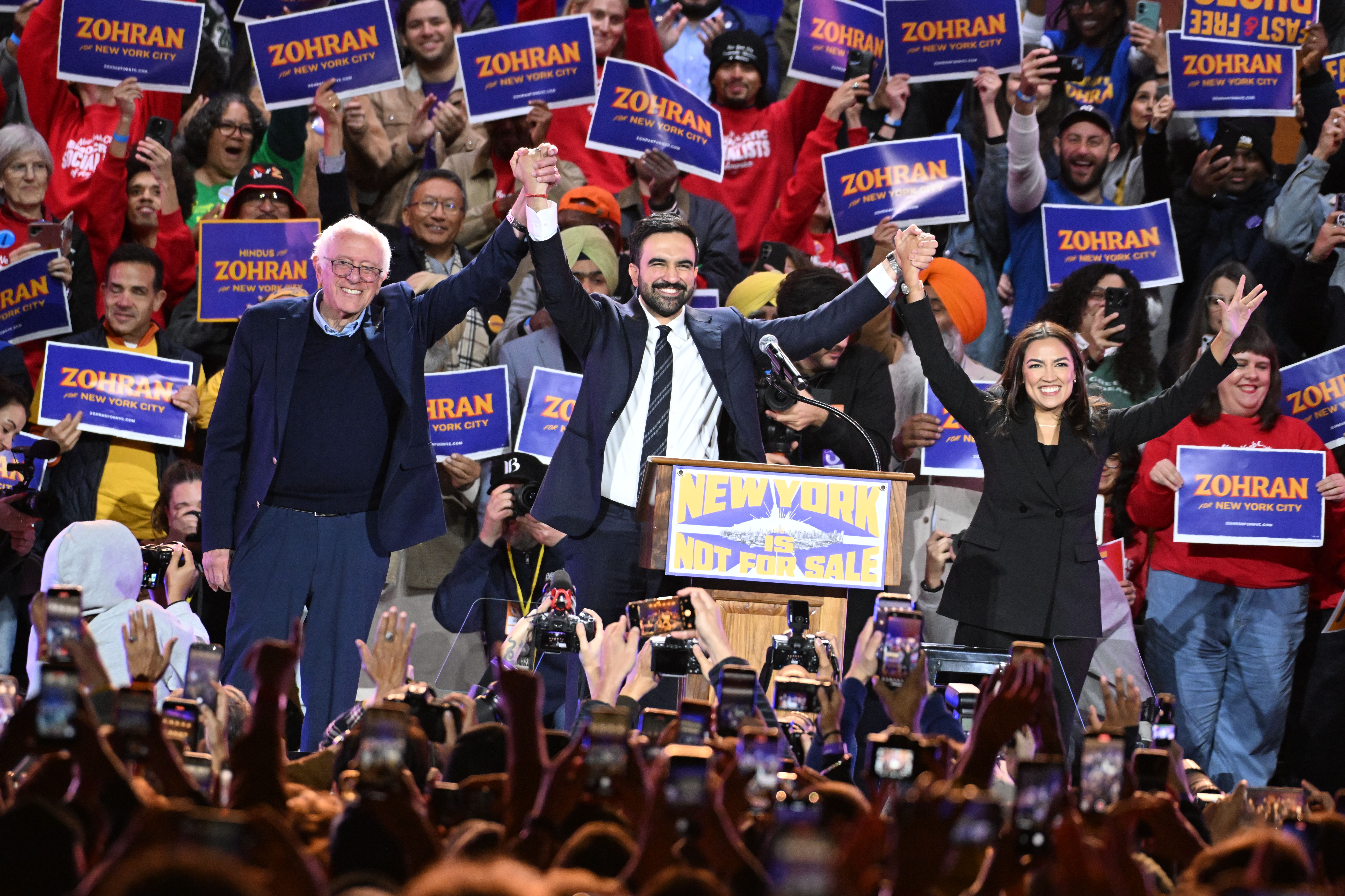 zohran mamdani, bernie sanders and alexandria ocasio cortez hold 'new york is not for sale' rally, new york, usa 26 oct 2025
