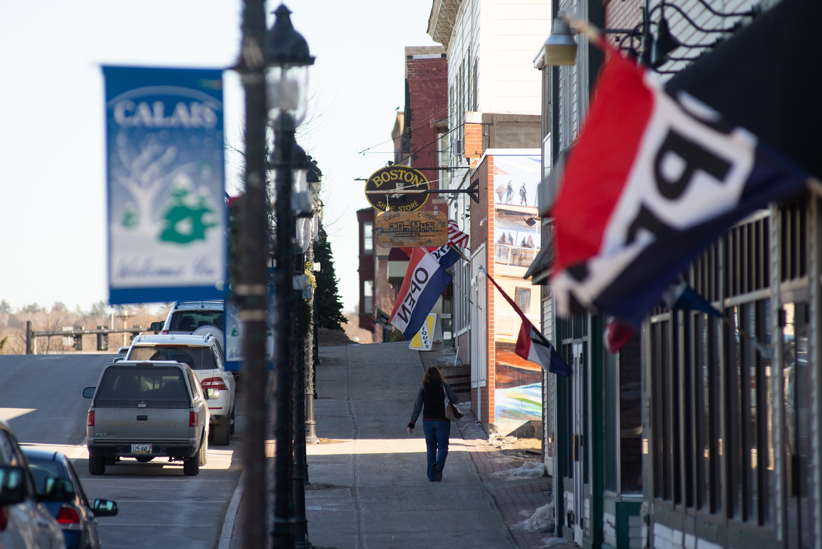 calais, maine february 5, 2020 main street in downtown calais.