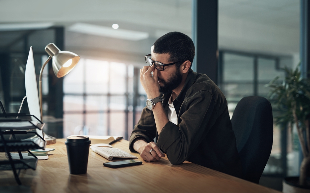 burnout,,computer,and,web,design,with,man,in,office,for