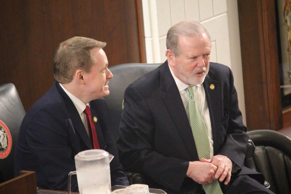 north carolina house speaker destin hall r caldwell left and senate president pro tem phil berger r rockingham speak ahead